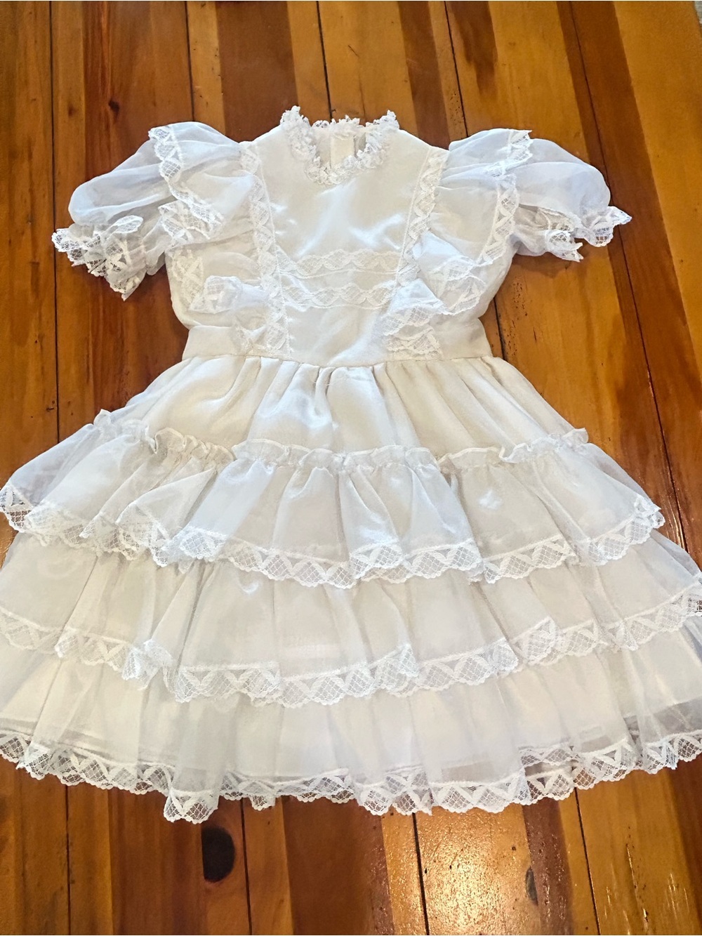 Sz7 Vintage White Ruffled Lace Party Dress
